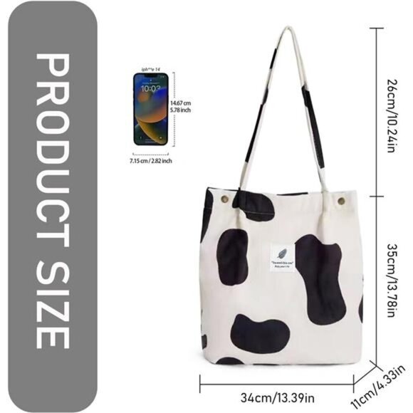 Cow Print Corduroy Tote Bag with Secure Buckles and Straps With Inner Pockets - Picture 3 of 6